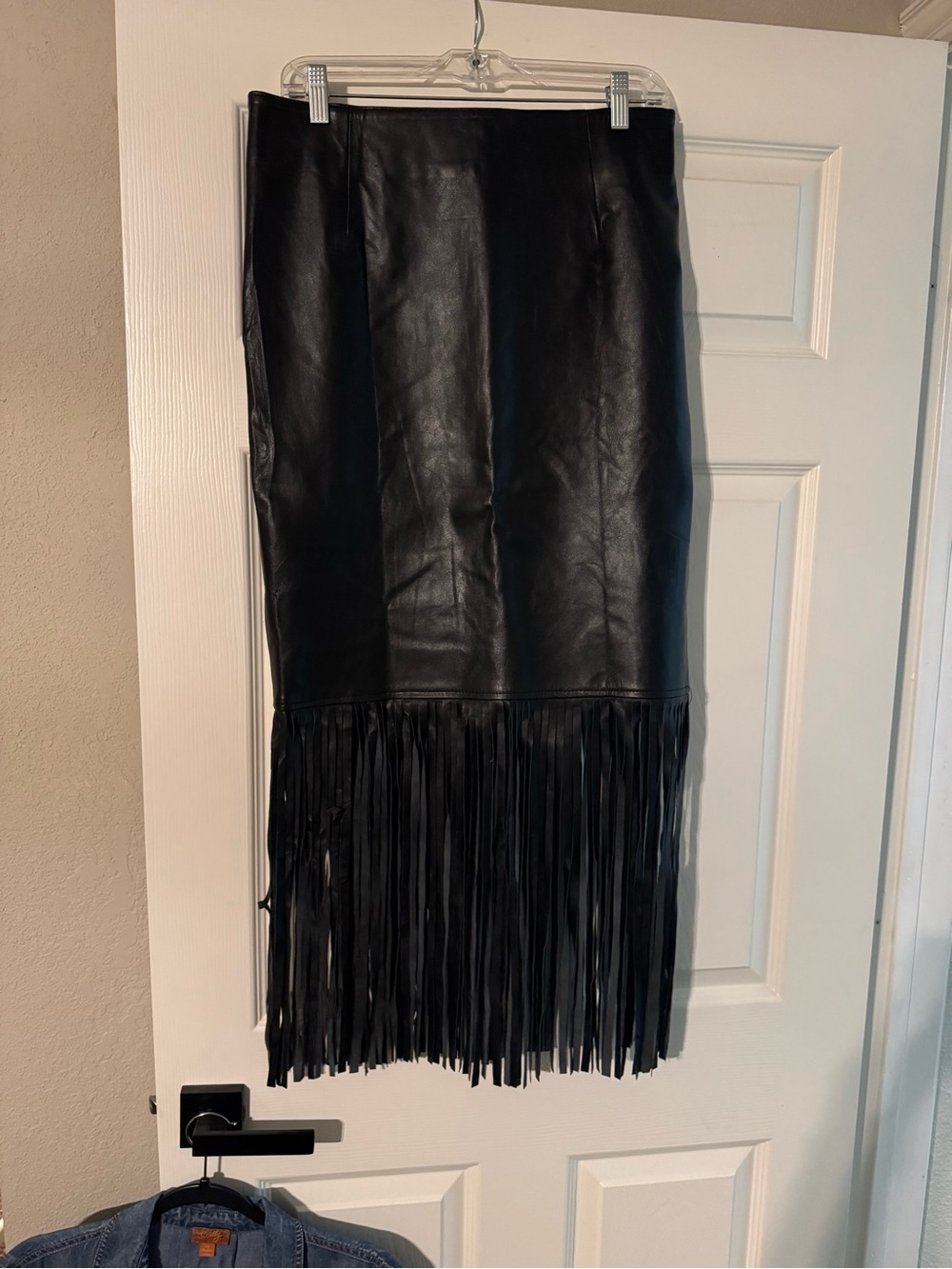 Black Faux Leather Fringe Midi Skirt